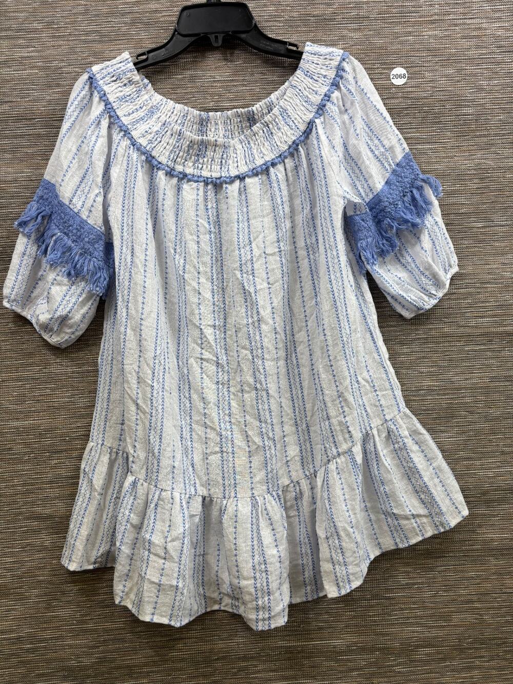 Easel Off Shoulder Tassel Mini Dress Womens S White Blue Striped 3/4 Sleeve Boho